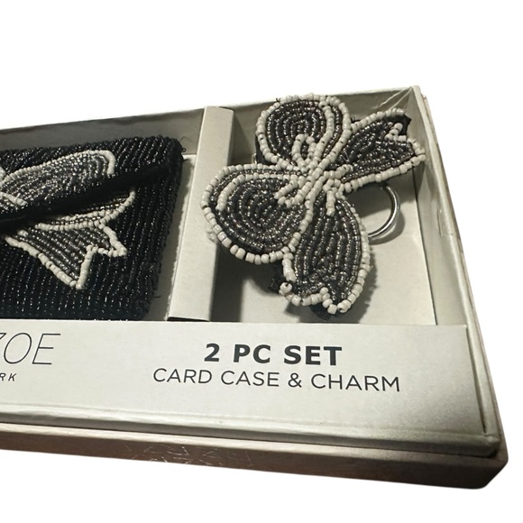 Rachel Zoe Bow Black and Silver Beaded Card Holder Set and Charm NWT - Picture 2 of 5